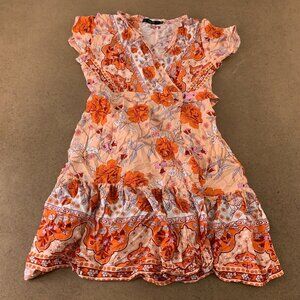 Zesica Women's Size Medium Orange Floral Short Sleeve Wrap Dress New